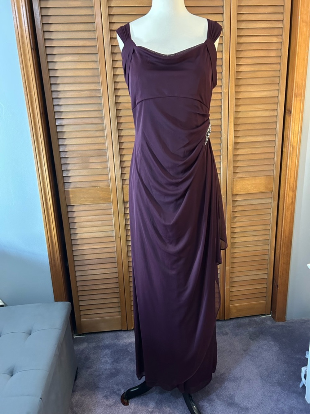 Alex Evenings Plum Draped Maxi Gown with Side Accent